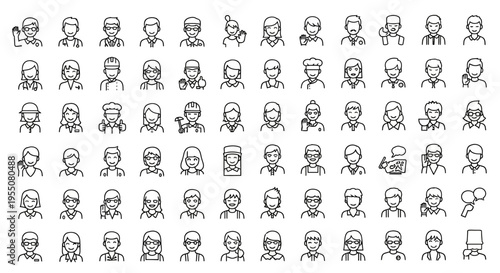 Avatar and professional people icon set featuring diverse male and female characters in thin line style including doctor chef builder scientist pilot student office worker and various career roles