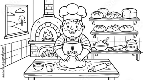 Little boy baker in apron.
