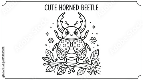 Cute horned beetle insect creature.
