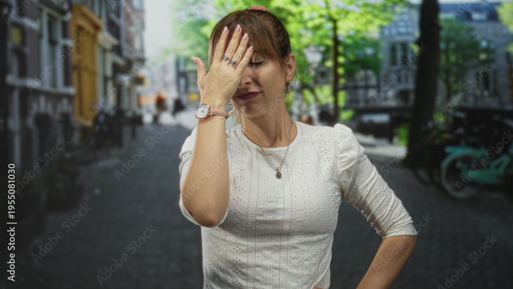 Fototapeta premium Woman facepalming with hand over forehead, showing watch and rings, standing in a narrow city street with bikes and buildings in view; frustration.