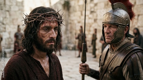 Jesus Christ Man with crown of thorns beside soldier, intense biblical scene showing arrest and suffering in ancient historical environment