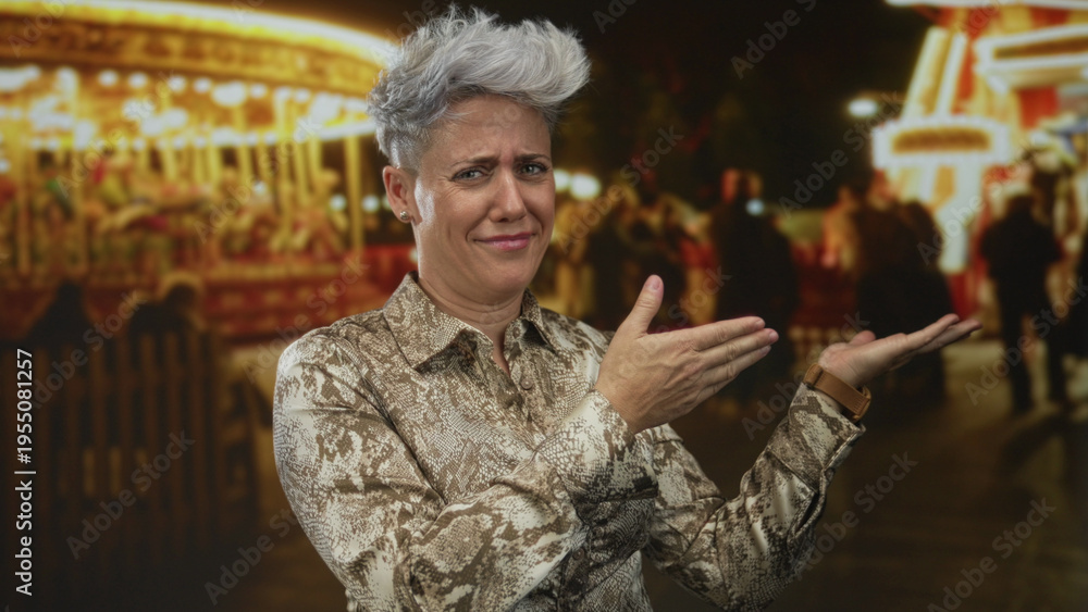 Fototapeta premium Woman with silver short hair displaying open palms in front of carousel at nighttime fairground; uncertainty.