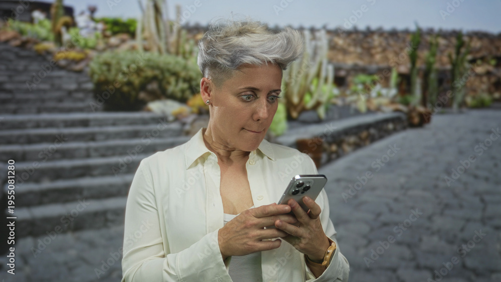 Fototapeta premium Woman with open mouth holds smartphone on street; surprise sharing reaction notification update alert message communication information news.