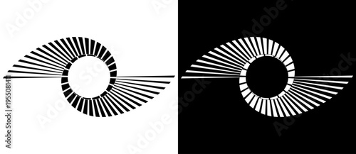 Abstract geometric monochrome vector art featuring a symmetrical sunburst swirl and circular vortex. Minimalist optical illusion design for modern branding, posters, and web backgrounds.