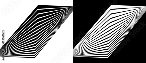 Abstract monochrome vector art featuring radiating lines in a perspective parallelogram. Minimalist optical illusion and geometric design for branding, tech, and modern graphics.