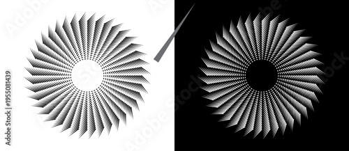 Abstract geometric sunburst vortex with radiating sharp lines. Black and white colors.