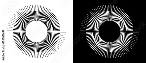 Abstract monochrome geometric swirl with radiating lines in a circular pattern. Minimalist vector art with optical illusion effect for modern tech branding, logos, and graphic design elements.