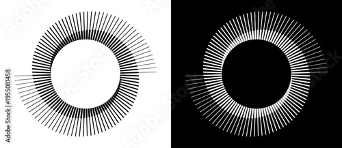Abstract monochrome circular sunburst with radiating geometric lines. Minimalist vector vortex design for modern branding, technology logos, and architectural graphics.