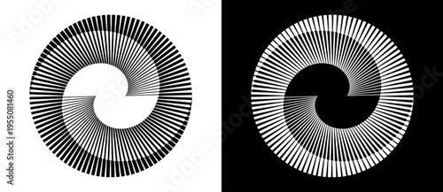 Abstract monochrome circular vortex with interlocking radiating lines. Minimalist geometric swirl for modern branding, technology logos, and kinetic art.