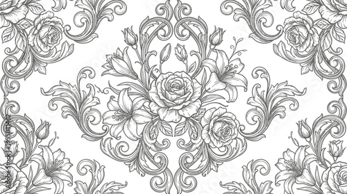 Ornate floral pattern featuring intricate roses and lilies on a white backdrop, ideal for textiles