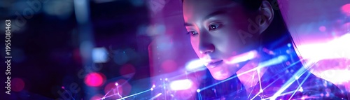 Female professional engages with glowing digital data interfaces in a futuristic setting