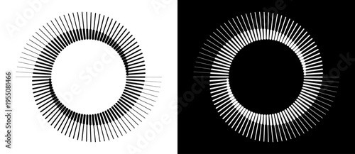Abstract monochrome circular sunburst with thick beaded lines radiating into thin tips. Minimalist geometric vortex for modern branding, tech logos, and sensory-driven digital art.