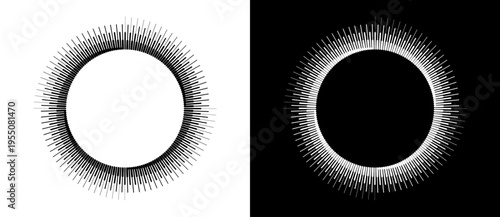 Abstract white signal sunburst with irregular radiating lines on black. Minimalist digital frequency and audio pulse pattern for technology branding, data visualization, and sound design.