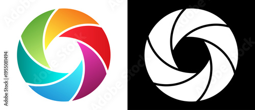 Abstract colorful camera shutter icon and white aperture on black background. Minimalist geometric vector for photography branding, tech logos, and saturation revival designs.