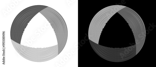 Abstract monochrome vector art with triangular negative space in a circular vortex. Minimalist geometric design for modern tech branding, architectural logos, and linear graphics.
