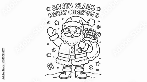 Santa Claus Waving with Christmas Gift.