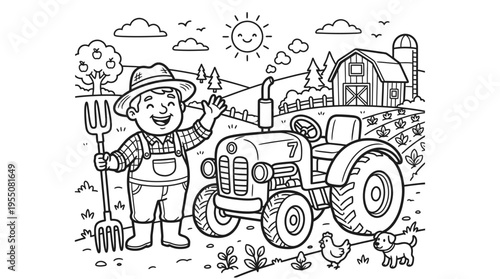 Smiling farmer with pitchfork and tractor.