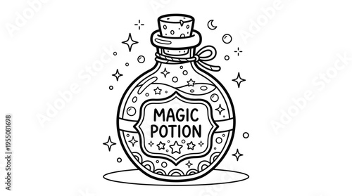 Magic potion bottle with label.