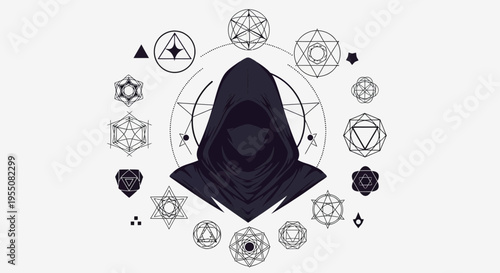 Hooded figure surrounded by occult geometric symbols.