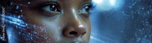 Close up portrait captures a woman's face overlaid with digital light data streams