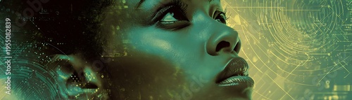 Close up portrait of a dark skinned woman overlaid with digital data streams and futuristic circuit patterns