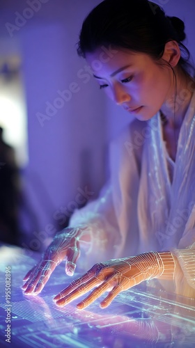 Young woman interacts with glowing holographic data interface using futuristic augmented reality gloves