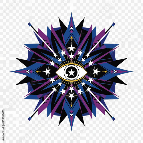 Abstract geometric eye design with starburst and cosmic elements.