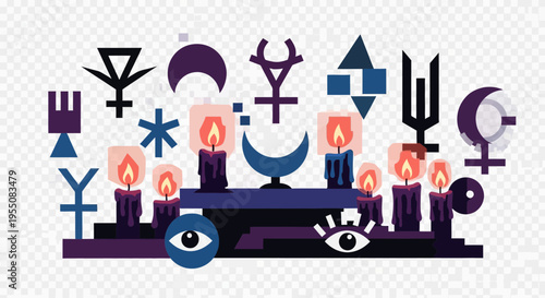 Mystical symbols and candles arranged on a dark altar.