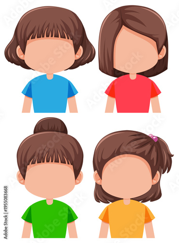 Cute faceless kids avatars with different hairstyles, colorful cartoon children portrait set illustration.