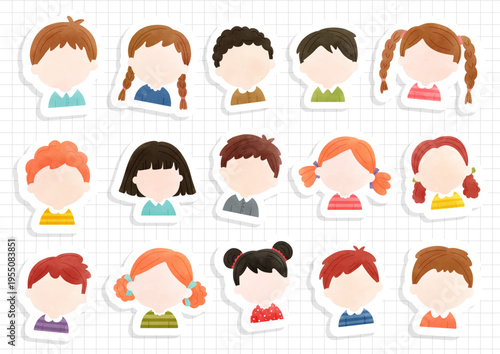 Cute kids avatar stickers set with watercolor style children faces and different hairstyles.