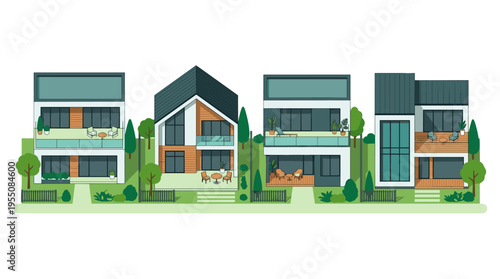 A collection of contemporary suburban homes featuring terraces and wide panoramic windows, showcasing the exteriors of villas, maisons, and cottages in a modern architectural style, rendered as a