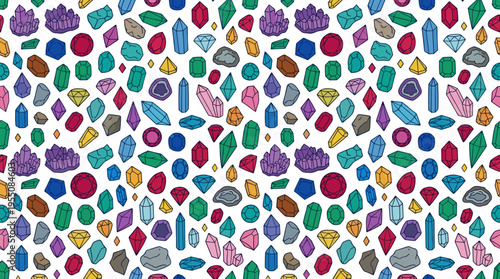 Seamless pattern featuring minerals, crystals, and gems. Hand‑drawn, colorful vector background