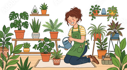 A cheerful young woman, a gardener tending her home garden, waters houseplants in planters, portraying an adorable, funny girl enjoying her hobby in a flat cartoon vector illustration