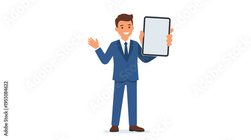 A cheerful businessman displays an empty tablet screen, holding the device and showcasing a mockup of an advertising display, all rendered as a flat vector illustration against a white background