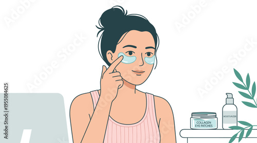 A woman applies a collagen patch to the skin beneath her eye, as part of a moisturizing, refreshing, and cooling gel pad skincare routine, depicted in a flat vector illustration set against a white