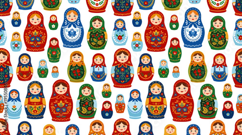 A continuous design featuring hand‑made Russian folk nesting dolls, set against a backdrop of matryoshkas in various sizes, rendered in flat, vibrant colors suitable for wrapping paper, textiles, and