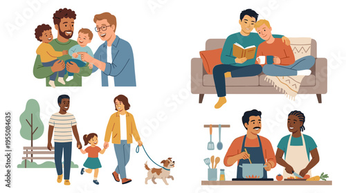 A collection of flat vector illustrations featuring diverse gay couples, international families with children and a dog, all set against a white background, showing male fathers enjoying time