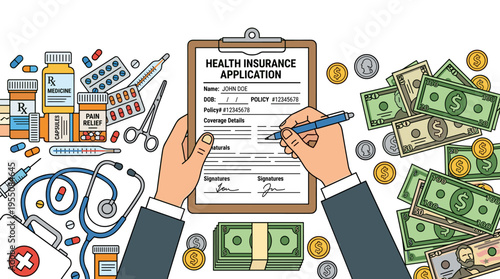 A horizontal banner shows hands completing a health insurance form, surrounded by dollar bills, coins, pills, other medications, and medical instruments, rendered as a colored line‑art illustration