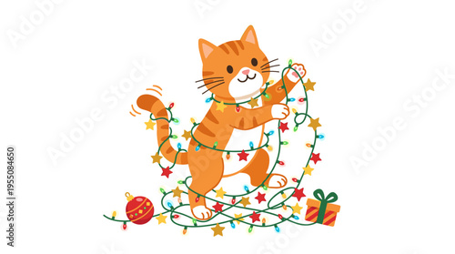 A mischievous cat frolics with a Christmas star garland, twinkling lights, and ornaments, enjoying a festive holiday. This playful feline brings Xmas cheer, acting cute, funny, and a bit naughty