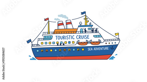 A doodle illustration of a passenger ship, marine vessel, tourist boat, or watercraft drifting on ocean waves against a white backdrop, depicting a sea voyage in vibrant hand‑drawn style