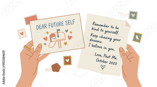 A woman’s hands clutch a postcard and a handwritten love letter addressed to her future self, while she reads a message written in the past; the concept of mailing to oneself is depicted in a flat