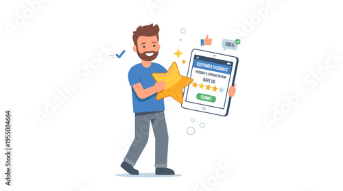 A customer holding a golden star shares feedback and reviews on products and services, rating or voting in an online app, depicted in a colored flat vector illustration on a white background