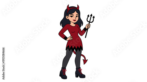 A seductive devil girl in a scorching Halloween outfit, heels and horns, exudes a young, sassy vibe in hell party attire, showcasing a wickedly beautiful female character in a flat vector