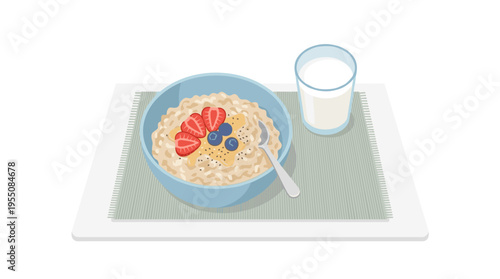 For breakfast, a bowl of oatmeal topped with strawberries and a glass of milk was served as a healthy meal featuring porridge, fruit, and a drink, while the lunch consisted of oat cereal, and the