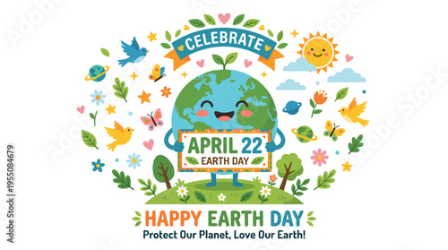 A smiling planet or globe holding a sign dated April designed as an Earth Day flyer, poster, greeting card, or postcard template, featuring a flat, colorful cartoon illustration for the annual