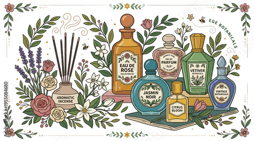 A decorative arrangement featuring perfume or toilet water housed in glass bottles of various shapes and sizes, aromatic incense sticks, and blooming flowers, rendered as a realistic vector
