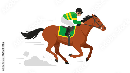 A jockey rides a racehorse at high speed, a horseman galloping on a stallion in motion, depicting equine sport in a flat vector illustration set against a white background