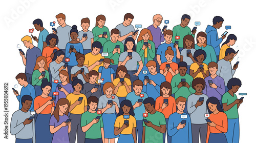 A crowd of people clutching mobile phones, illustrating the concept of smartphone addiction, with many men and women surfing the internet and social media while staring at their screens, rendered as