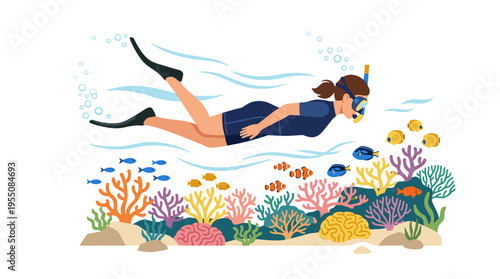 A young woman wearing a snorkel mask swims through a coral reef, observing colorful fish at the ocean floor in a flat vector illustration of a female diver