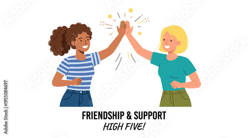 Two hands high‑fiving, symbolizing female friends greeting with raised arms, representing friendship, unity, and support in a flat vector illustration on a white background